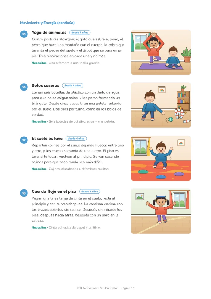 Página del libro con cuatro actividades de la categoría Movimiento y Energía.